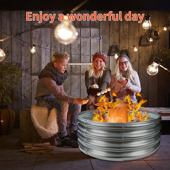 YSEJOMP 32 Inch Diameter Round Galvanized Fire Pit Ring/Fire Ring - Foldable and Perfect for Outdoor Gatherings and Campfires in The Yard/Garden/Park/Beach (Silver 2.7 FT Diameter)
