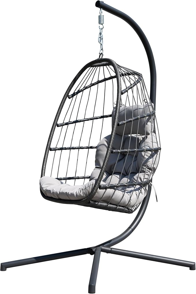 HWB Hanging Egg Chair with Stand Patio Wicker Egg Swing Chair with Cushion for Bedroom Garden Indoor Outdoor (Grey)