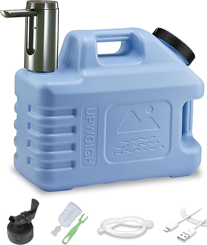 UPWOIGH 3.5 Gallon Portable Water Jug in Light Blue with Screw-Lock Leakproof Touch Pump Nature-Inspired Carved Container with Spigot Type-C Rechargeable Outdoor Water Tank for Camping Hiking