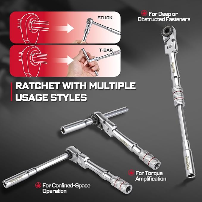 Geinxurn 60Pcs 180° Pivoting Flex Head T-Handle Ratchet Wrench Set 72-Tooth 1/4 Reversible Ratchet with Extension Bar Socket Adapter &amp 1 Impact Screwdriver Bits (Phillips/Torx/Hex) for DIY