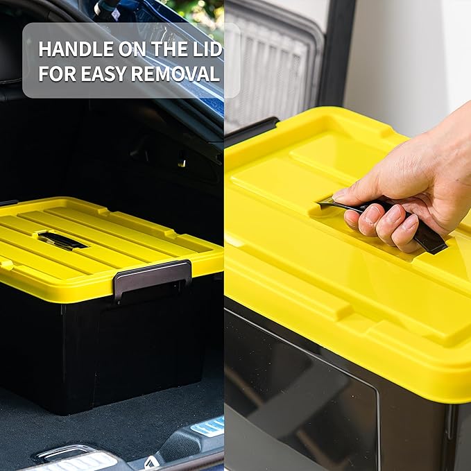 95Qt*4 Durabilt Flip Lid Stackable Heavy Duty Tough Storage Container Tote Plastic Storage Bins Storage Box Black Base with Yellow Lid (4 Pack)