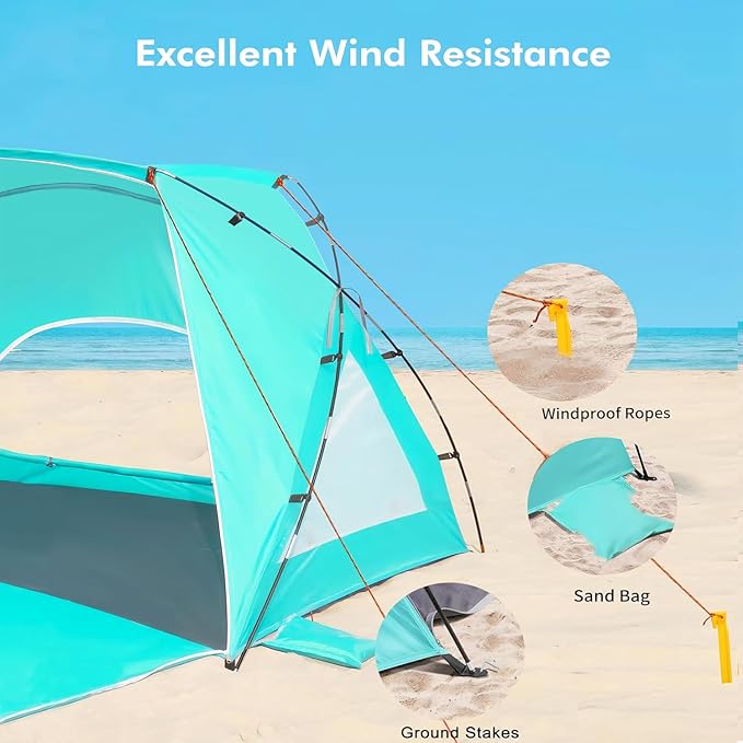 Beach Tent Portable Sun Shelter for 2/3/4/6-8 Person with UPF 50+ UV Protection Easy Setup Waterproof Beach Shade Canopy Cabana for Family Outdoor and Picnics Fishing with Carrying Bag