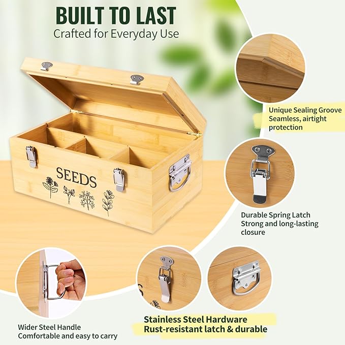 Large Bamboo Wood Seed Storage Organizer Box with LidDouble-Layer Seal Design Seed Saving Box with 304 Stainless Steel Safety LockHandlesExtra Seed Envelopes and Labels (Wood)