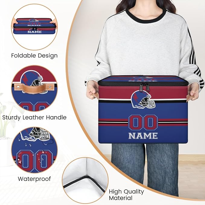 Custom Storage Bins with Zipper Lid Football Personalized Foldable Storage Baskets Closet Shelf Clothes Organizer Cube with PU Leather Handles