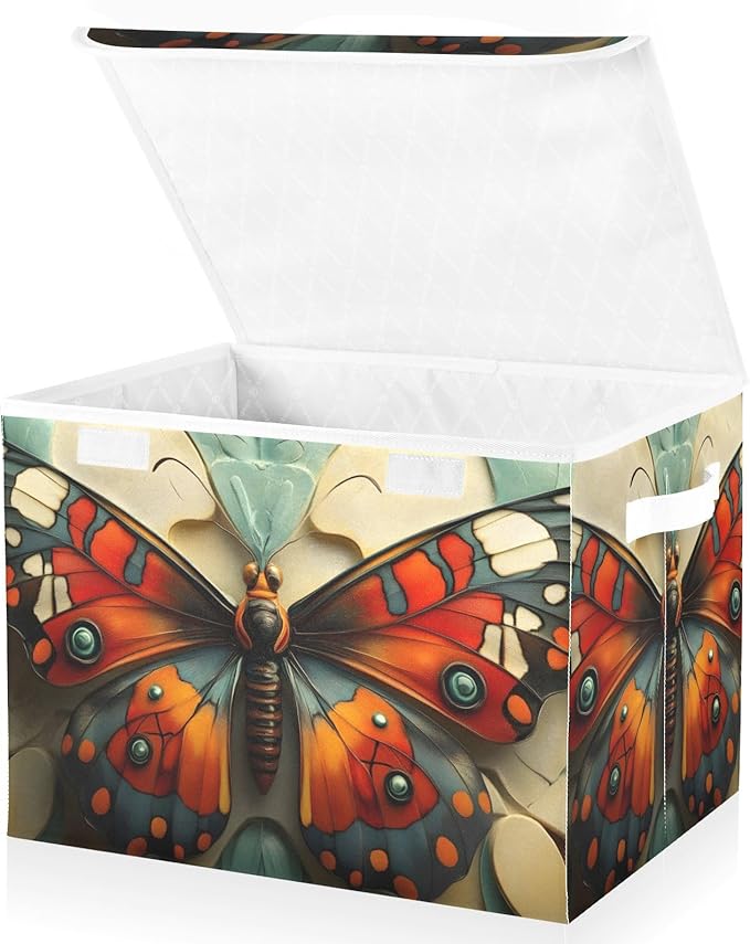 AIXIWAWA Lidded Storage Cube (Butterfly Artwork) Fabric Foldable Closet Bins with Flip Lid and Handles Organizer Basket Container 16.5 x 12.6 x 11.8 IN