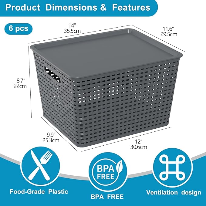 6-Pack Large Plastic Storage Baskets Bins with Lid Ideal for Barthroom Kitchen Pantry Closets Organizing Gray