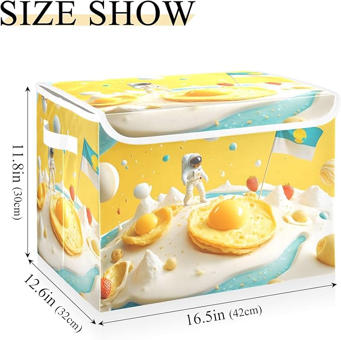 Cartoon Astronaut Storage Cube Bins Basket with Lid Collapsible Flip-top Fabric with Handle for Home Bedroom Closet Office 16.5×12.6×11.8 in