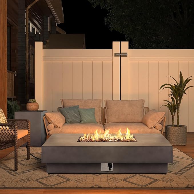 60-inch Outdoor Propane Fire Pit Coffee Table with Tank Cover 50000 BTU Concrete Rectangle Modern Outside Fire Table Auto-Ignition Included Lava Rocks Metal Lid &amp Waterproof Cover