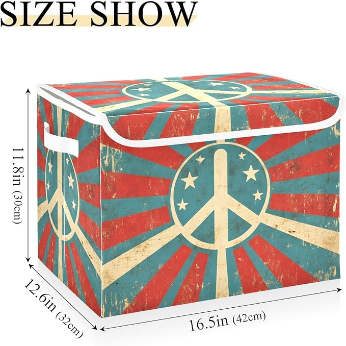 Storage Cube with Lid Retro Peace Sign Print 16.5×12.6×11.8 IN 1 Pack Collapsible Large Capacity Foldable Storage Basket Bin Organizer