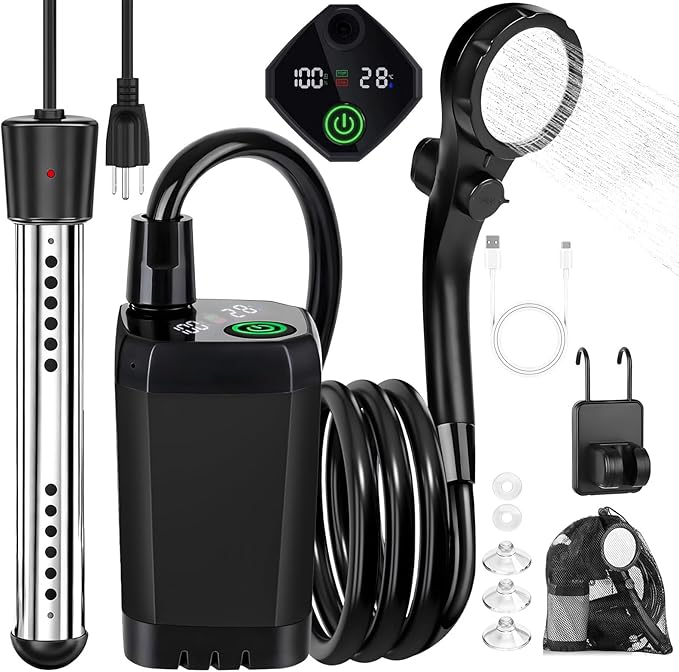 Portable Camping Shower with Heater 6000mAh Rechargeable Portable Shower with 2000W Immersion Heater LED Display Heated Camping Shower for Travel Hiking Car Pet