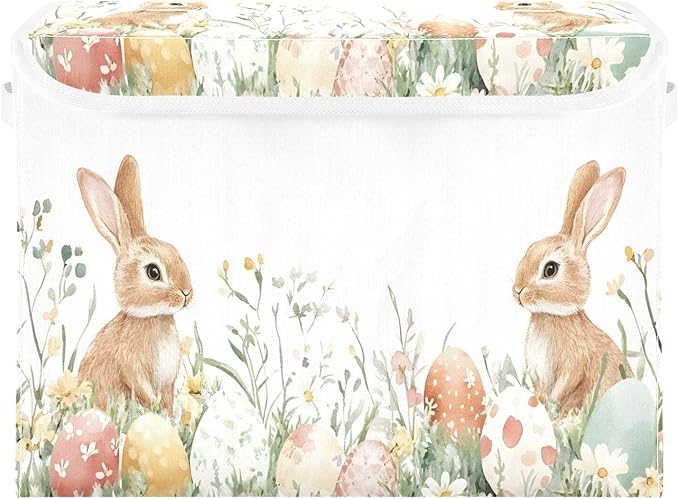 Christmas Storage Baskets with Lids Watercolor Cute Bunnies Easter Collapsible Bins Stackable Fabric Linen Baskets Closet Organizer Container 16.5x12.6x11.8