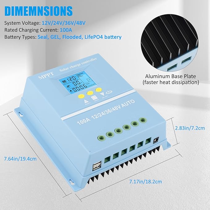 100A MPPT Solar Charge Controller Solar Panel Intelligent Regulator 12V 24V 36V 48V Dual USB Ports Max 100V Input for Lead-Acid/Lithium Blue