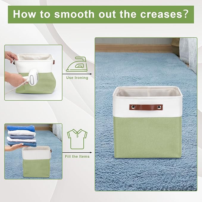 Collapsible Fabric Storage Cubes 11x11 Cube Storage Bins 4 Pack Closet Baskets Box with Handles for Organizing Shelf Toys Clothes Home Office Nursery (Green&ampWhite)