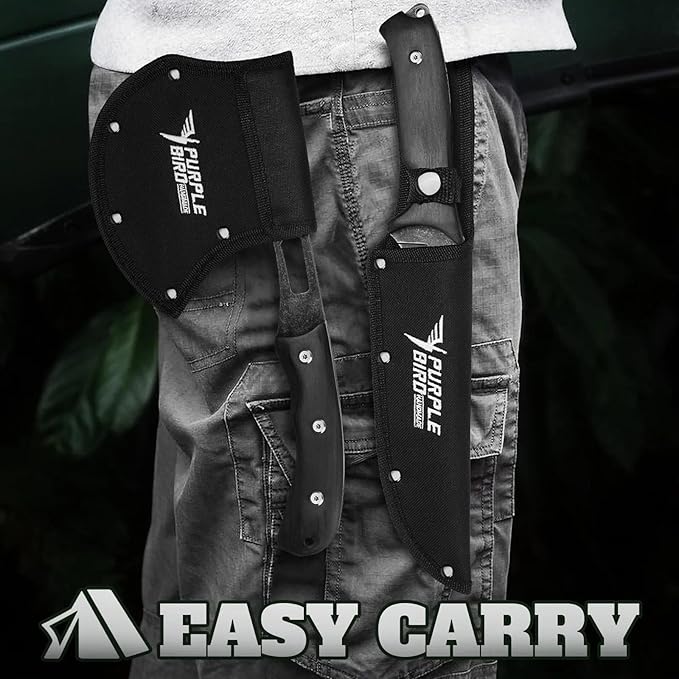 PURPLEBIRD Outdoor Axes &amp Fixed Blade Knife Set - Full Tang Camping Hatchet and Hunting Knife with Sheath Lightweight Small Hand Axe &amp Survival Knives Set with Wood Handle for Men