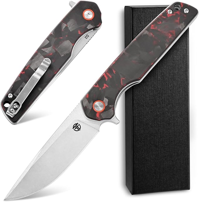FF19 Folding Pocket KnifeD2 Steel Blade Carbon Fiber Handle EDC Tool Knife for Outdoor Camping Hunting Fishing Working(Red)