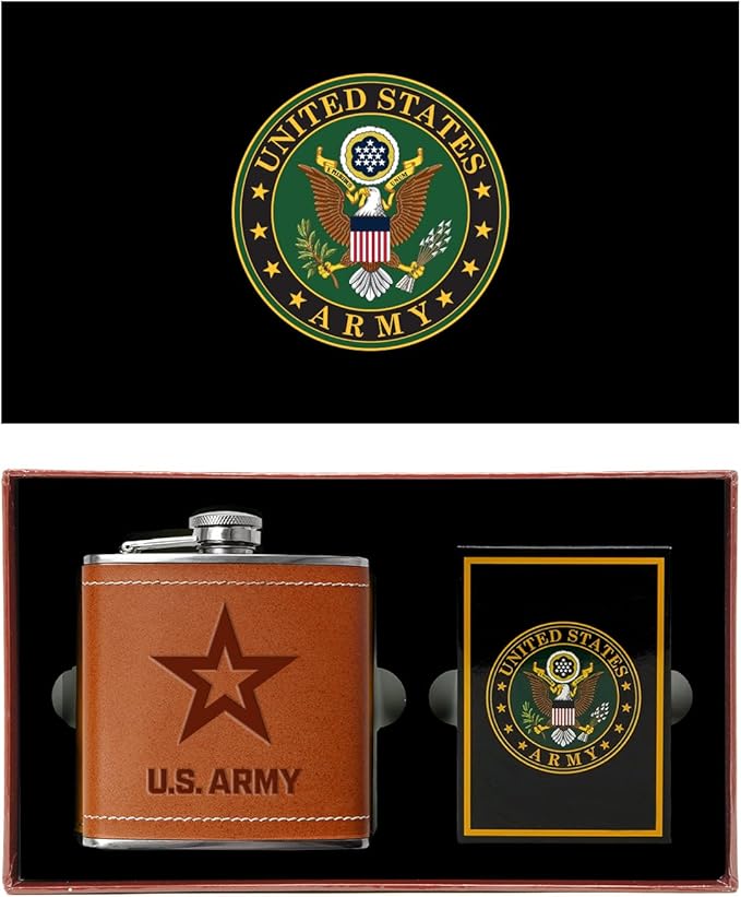 US-Army Flask &amp Cards Set | Leather-Wrapped Hip-Flask with Rank Playing Cards | Army Card &amp Flask-Set