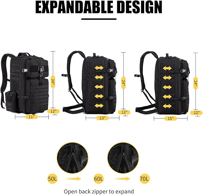 Tactical Backpack for Men 50L/60L/70L Expandable Military tactical Backpack Waterproof MOLLE Hiking &amp Camping Rucksack with Water Bottle Bag Assault Pack &amp Bug Out Bag for Outdoor