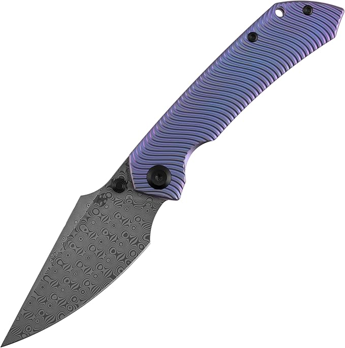 KANSEPT Fenrir Pocket Knife 3.48 Damascus Blade with Flipper and Thumb Stud Frame Lock for Camping Outdoor with Purple Anodized Titanium Handle and Micro-Milled Water Ripple Texture K1034C5