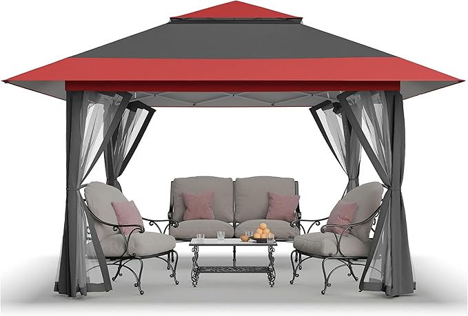 CROWN SHADES 13x13 Pop Up Gazebo Canopy Tent Gazebos on Clearance - Outdoor Gazebo for Backyard &amp Patio Furniture - Carpa Pop Up Tent with Wheeled STO-N-Go Cover Bag (Red &amp Grey)