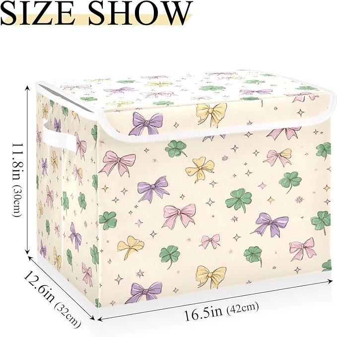 Storage Bins With Lid Stackable Fabric Closet Organizer Clothing Storage Large Boxes For Closet Shelves Bedroom Clovers Bows Stars Beige