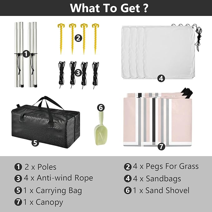 xigua Plaid Beach Tent Sun Shelter with Carrying Bag - Silver Coated Oxford Fabric Beach Canopy for Beach Camping Fishing - Includes Windproof Ropes Sandbags &amp Stakes