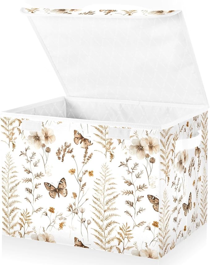 AIXIWAWA Lidded Storage Cube (Boho Butterfly Floral) Fabric Foldable Closet Bins with Flip Lid and Handles Organizer Basket Container 16.5 x 12.6 x 11.8 IN