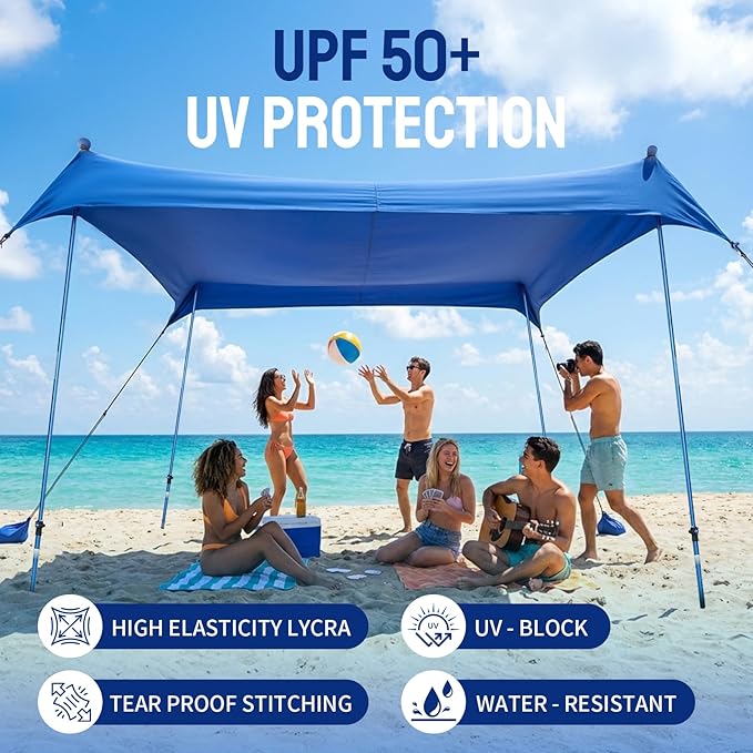 CROWN SHADES 7x7 Beach Tent Sun Shelter Easy Pop Up Beach Canopy Shade Portable Outdoor Carpas UPF50+ Includes 4 Poles Adjustable Aluminium Extra-Large Big Sand Shovel Navy Blue