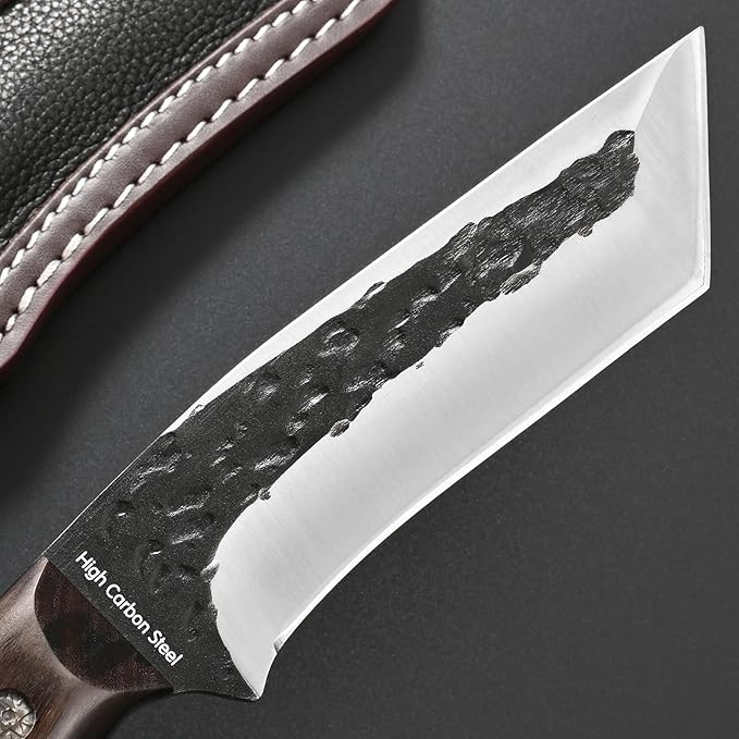Gtkii GTK43 Fixed Blade Knife High Carbon Steel Hand Forged Blade Full Tang Rosewood Handle Fix Knifes for Camping Hunting Collection with Leather Sheath