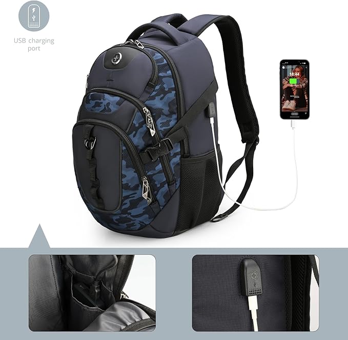 Swissdigital Design Laptop Backpack with USB Charging Port Travel Backpack Fits 15.6 inches Computer 31L College School Backpack for Men Blue Camo | SD803-92