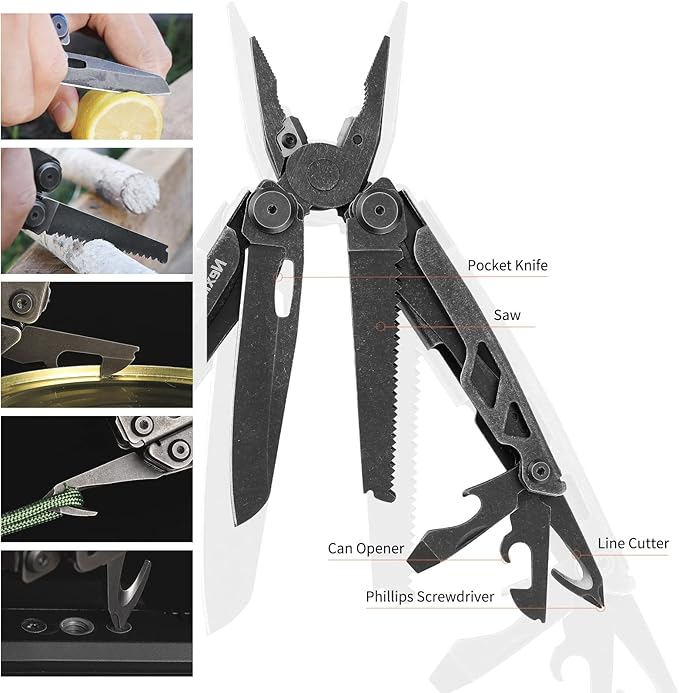 NexTool Heavy Duty Multitool Pliers with Pocket Scissors Replaceable Wire Cutters Nylon Sheath Folding Multitool Knife with Safety Lock for Camping Survival Home Repair DIY
