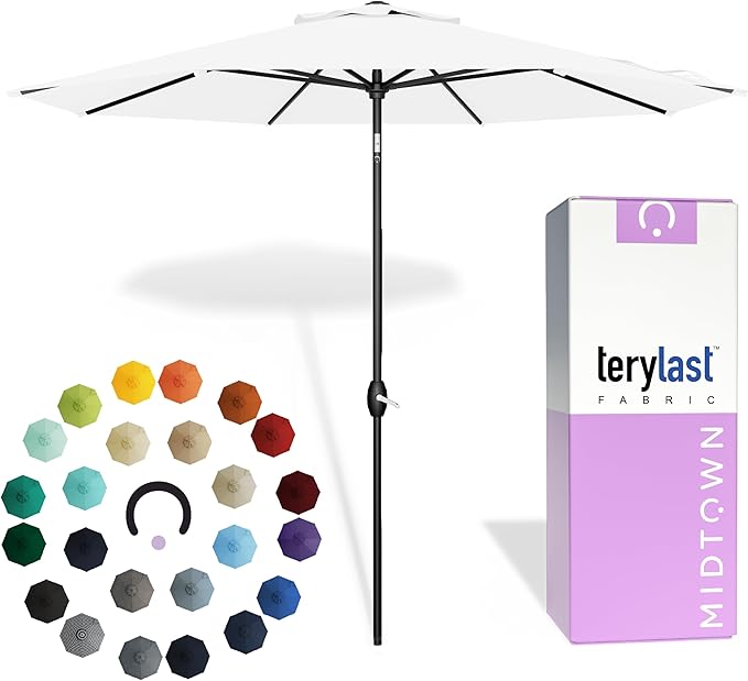 Midtown Umbrellas - 10-Year-No-Fade 9 Ft Patio Umbrella with Terylast Fabric Auto-Tilt Aluminum Frame and 8 Reinforced Ribs for Deck Pool Garden &amp Beach - Ivory White Canopy Black Pole