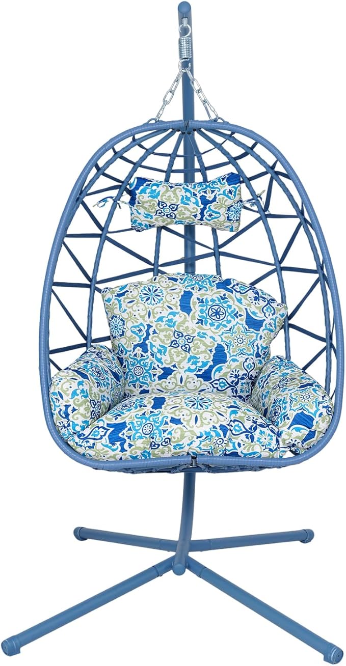 Hanging Egg Chair with Stand Outdoor Indoor Patio Rattan Swing Hammock Chairs with Washable Cushion 350lbs Capacity PE Wicker Swing Chair for Backyard Bedroom Garden (Blue + Floral Cushion)