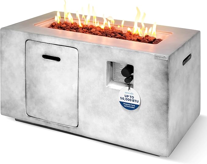 SereneLife Fire Pit Table 50000 BTU Propane Gas Fire Pit with Adjustable Flame Stainless Steel Burner Weather-Resistant Build Easy Propane Tank Access and Elegant Lava Rocks for Patio or Backyard