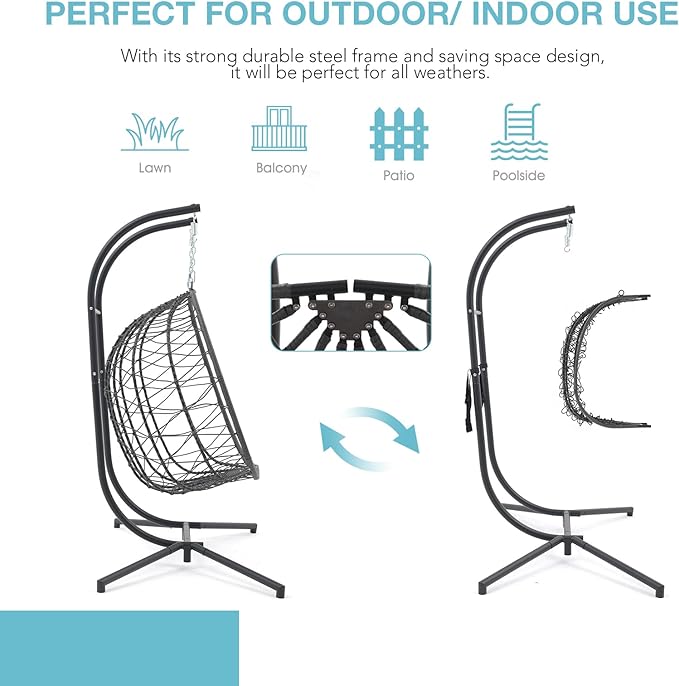 Patiorama 2 Person Double Egg Swing Chair with Stand Indoor Outdoor Patio Wicker Rattan Hanging Egg Chair w/Cushion Pillow Foldable Hammock Chair 550lbs for Bedroom Balcony Garden (Light Grey)