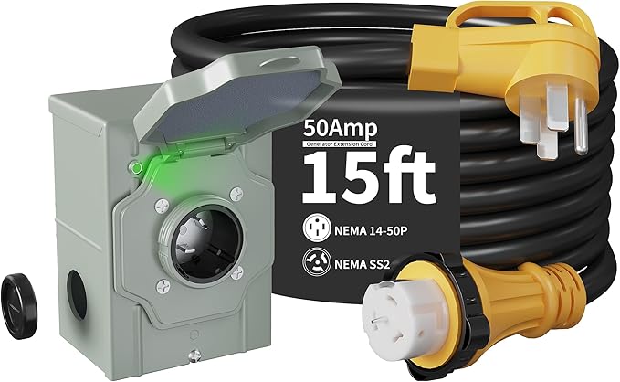 Garvee 50 Amp 15FT Generator Cord and Power Inlet Box Kit NEMA 14-50P Male to SS2-50R STW 6/3+8/1 AWG 125/250V Twist Lock Connector with Pre-Drilled NEMA SS2-50P Inlet Box for House ETL Listed