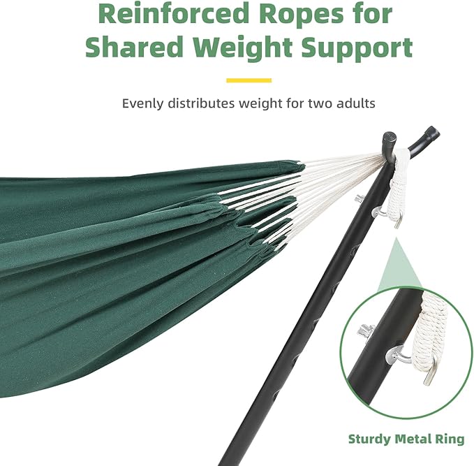 EchoSmile Double Hammock with Detachable Stand - 480 lbs Heavy Duty 2 Person Adjustable Hooks Indoor Outdoor Stand Hammock Durable Steel Frame Green