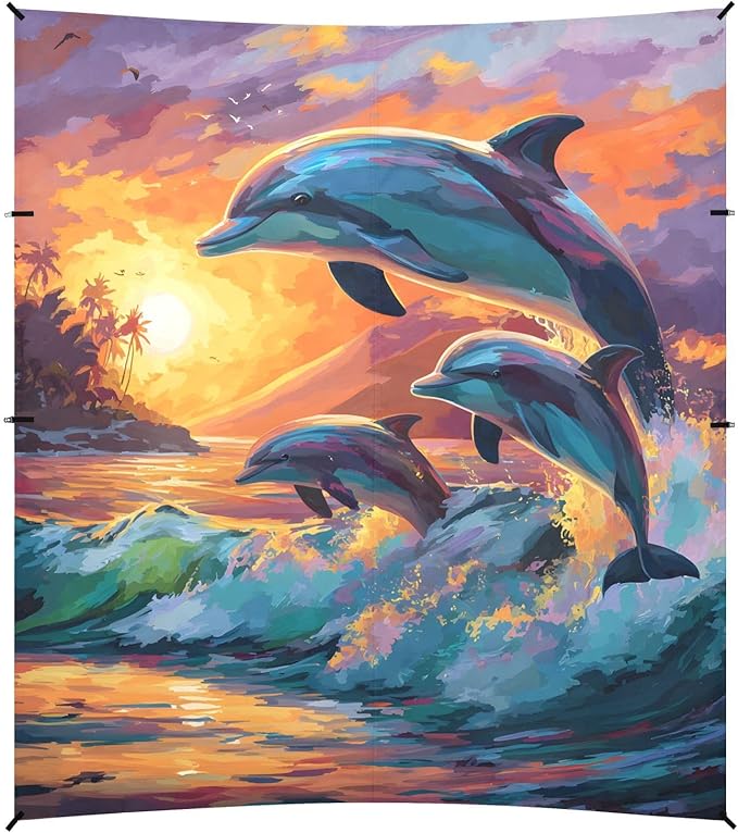 ALAZA Dolphins Sunset Sea Beach Tent Sun Shelter UPF50+ Protection Beach Shade Canopy w/ 4 Sandbags for Outdoor Camping Fishing Backyard Fun Picnic 10x9 ft