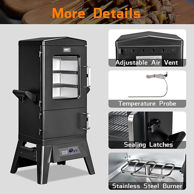 Large Vertical Electric Smoker Grill – 633 sq in | 4-Rack BBQ Smoker with Built-in Meat Probe Wood Chip Loader &ampWeather-Resistant Cover – Perfect for Steak Fish Ribs (Black)