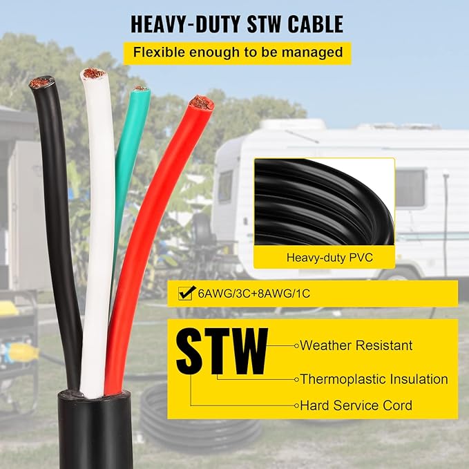 VEVOR 30 ft 50A RV Power Cord 6/3 + 8/1 AWG Generator Cable with NEMA 14-50P to Bare Wire Heavy-Duty Flexible for RV Camper and Outdoor Generator Connections