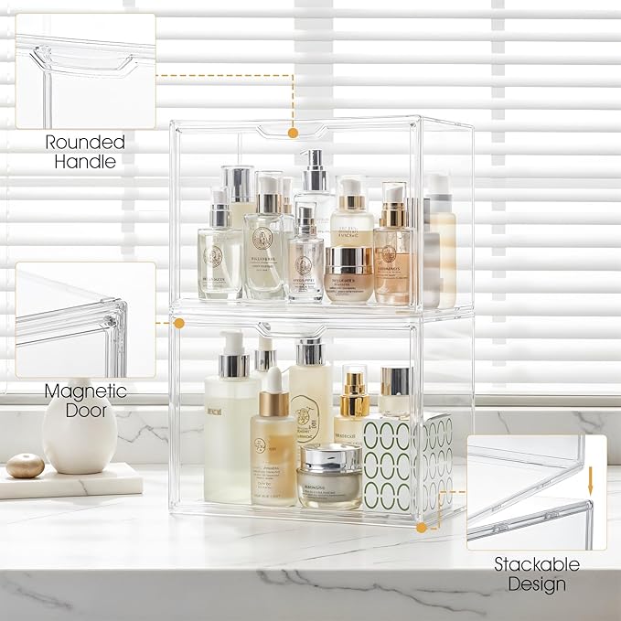 2-Pack 14.2 L x 8.9 W x 10.6 H Clear Acrylic Display Case with Magnetic Lid Stackable Storage Bins for Collectibles Figures Handbags and Shoes Dustproof Organizer Box for Home Office