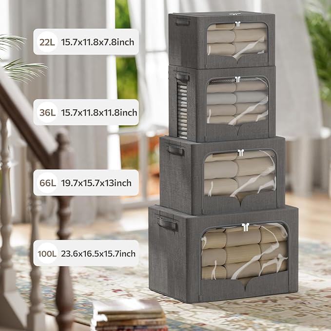 FHSQX 3 Pack Clothes Storage Bins - Foldable Metal Frame Storage Box - Stackable Linen Fabric Container Organizer Set with Carrying Handles and Clear Window (Dark Gray 19.7x15.7x13inch(66L))