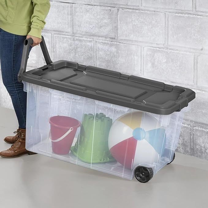 Heavy-Duty Storage Container with Wheels 160 Quart Large Plastic Organizer Bin Stackable Weather-Resistant Tote with Drip-Resistant Lid 36.75 x 21.38 x 18 Inch