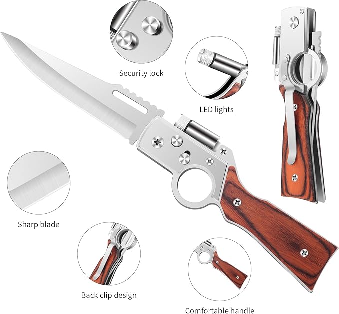 AK47 Style Tactical Folding Knife 4-Pack – Bulk Set with LED Light Wood Handle Laser Engraving Ready Groomsmen Gifts for Men Outdoor Camping Hiking Gear (4)
