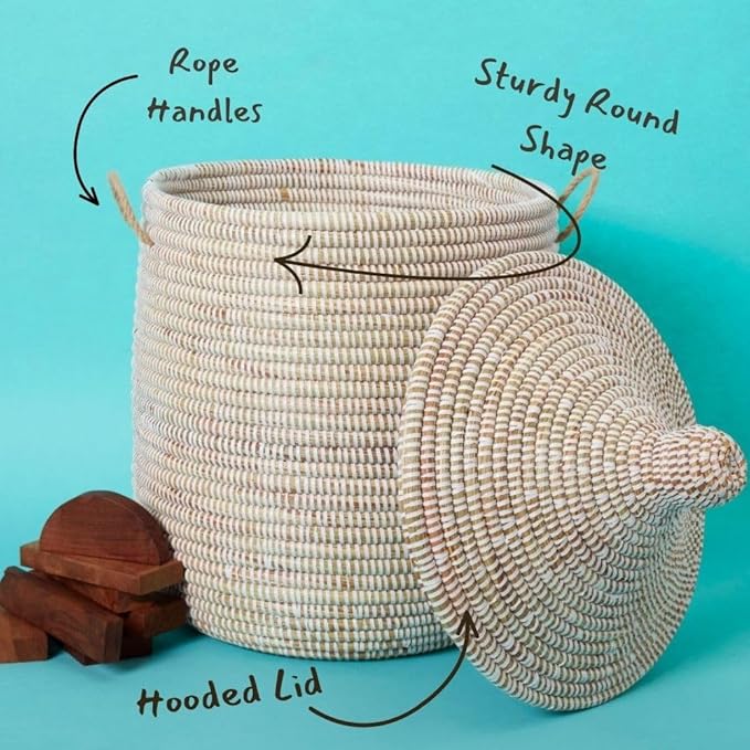 Medium White Basket with Lid for Towels Bathroom Bedroom Handwoven Baskets 15 Inch Wide 19 Inch Tall