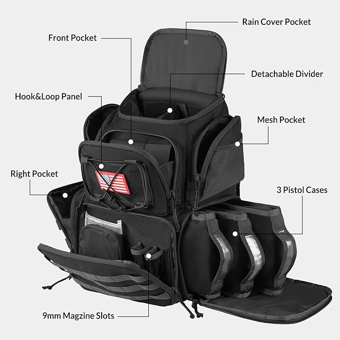 VOTAGOO Tactical Range Backpack for Handguns and Ammo Gun Cases Bag with 3 Pistol Carrying Cases for Hunting Shooting (Black)