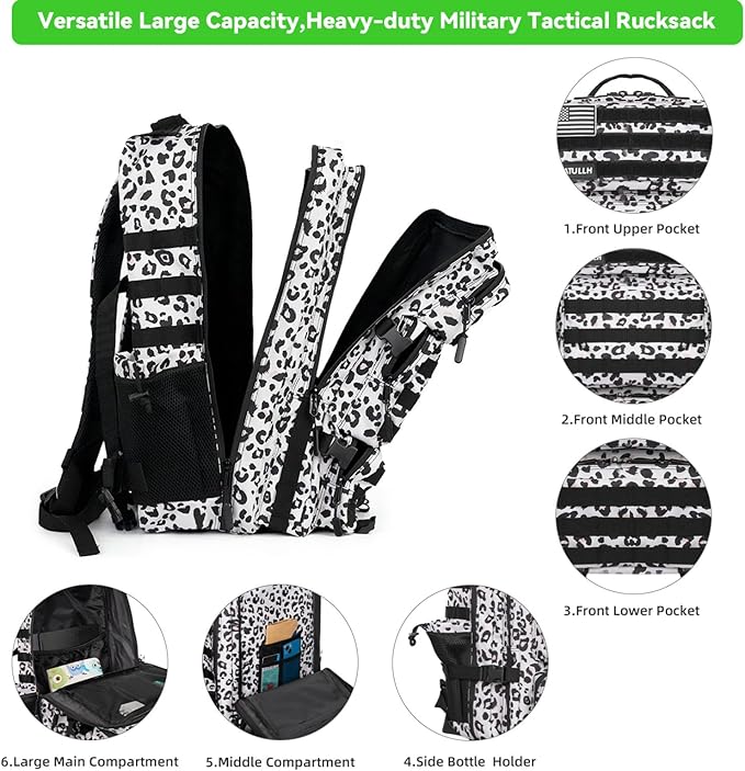 Military Tactical Backpack 55L for Men &amp Women Bug Out Bag Assault pack Molle Daypack Hiking Trekking Rucksack (Leopard print color)