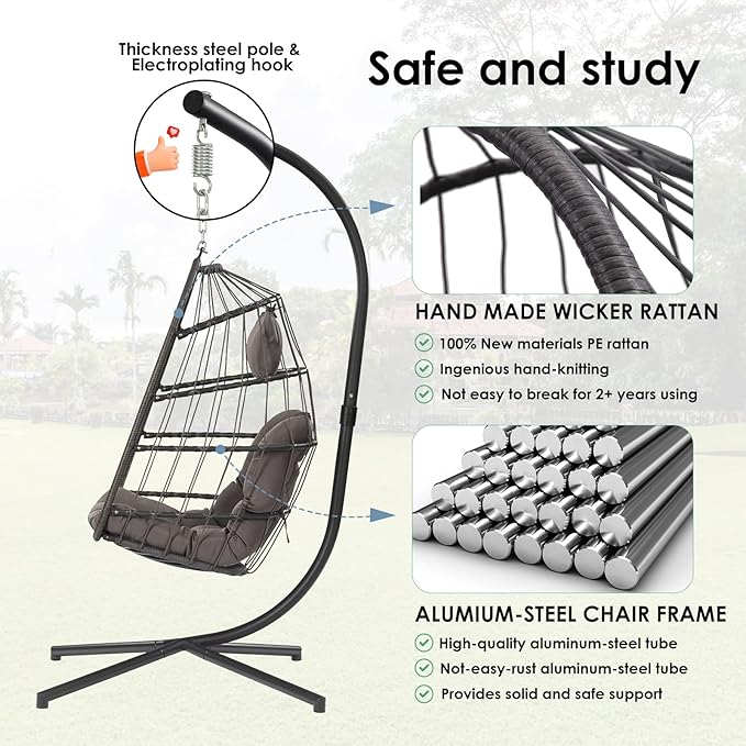 XIAO WEI Egg Chair with Stand - Patio Rattan Wicker Hanging Swing Egg Chair Hammock Chair for Indoor Outdoor Bedroom Garden - Aluminum Steel Frame and UV Resistant Cushion 350LBS Capacity (Dark Grey)