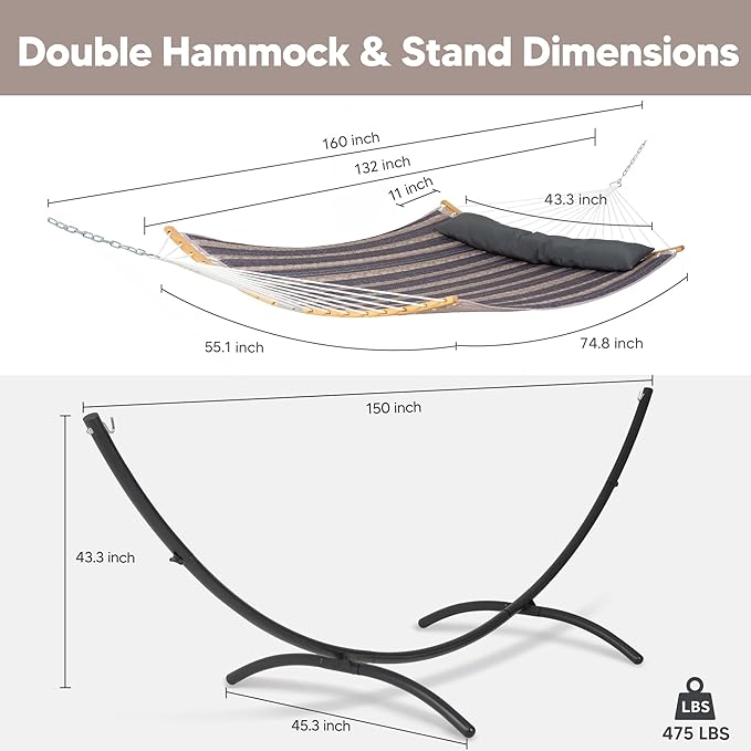 SUNCREAT Hammocks for Outside with Stand Porch Hammock and Stand 475 lbs Capacity Patent Pending Gray Stripes