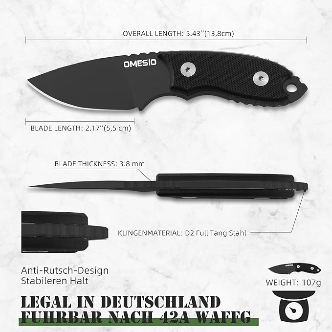 Omesio Neck Knife 5.43 Neck Knife with Sheath and Necklace Full Tang Small Mini Fixed Blad Knife with Clip D2 Steel 2.17-Inch Blade G10 Handle for Camping Tactical (Black Handle + Black Blade)