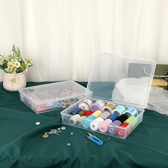 BTSKY Clear Plastic Storage Box with Flap Lid Multipurpose Craft Organizers and Storage Box Art Supply Storage Organizer Plastic Sewing Box for Beads Pencils Notebooks 2 Pack Medium